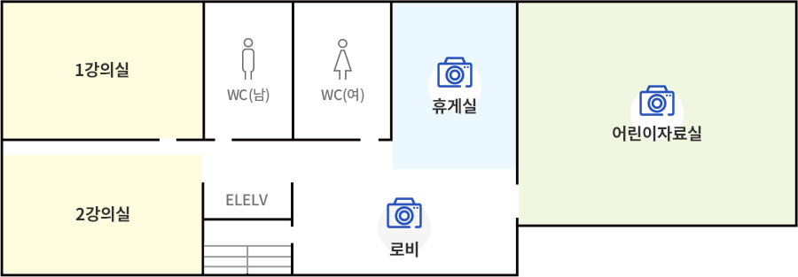 로비에서 왼쪽으로 보시면 계단과 엘리베이터가 있습니다. 계단 왼쪽편에는 2강의실이 있고 2강의실 맞은편에는 1강의실이 있습니다. 1강의실 오른쪽에는 차례대로 남자화장실, 여자화장실, 휴게실, 어린이자료실이 있습니다.