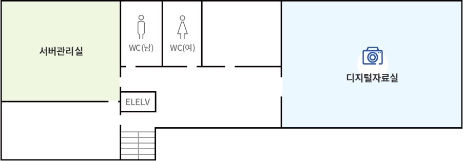 2층에서 계단으로 올라오시면 계단 앞에 엘리베이터가 있습니다. 엘리베이터 왼쪽에는 서버관리실이 있고 서버관리실 오른쪽에는 남자화장실과 여자화장실이 있습니다. 3층 가장 오른쪽에는 디지털자료실이 있습니다.